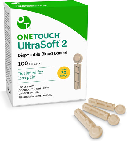 One Touch UltraSoft Lancets 100-count box with 28-gauge needles for pain-free glucose testing